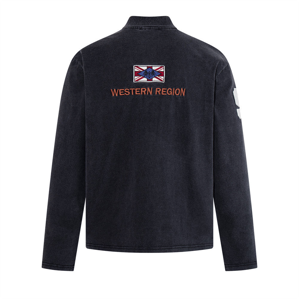 Long-Sleeve Polo Shirt with Western Region Embroidery & Union Jack Patch