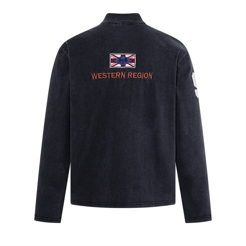 Long-Sleeve Polo Shirt with Western Region Embroidery & Union Jack Patch