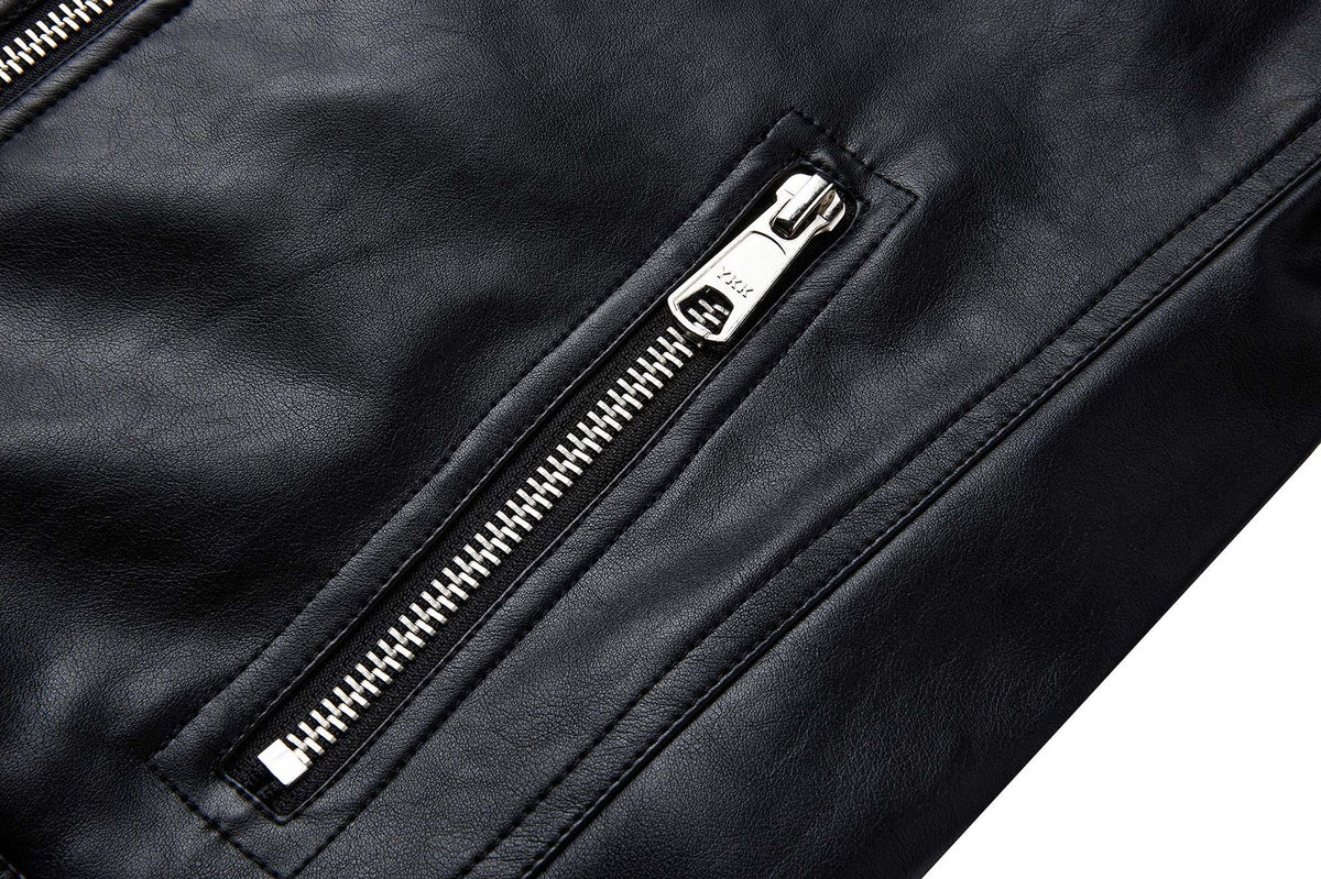 Black PU Leather Moto Jacket – Vintage Biker Style with Stand Collar & Silver