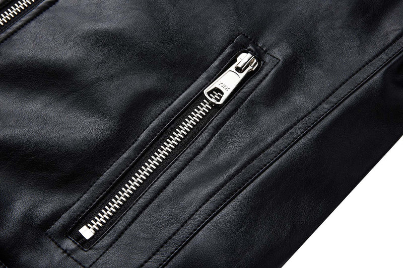 Black PU Leather Moto Jacket – Vintage Biker Style with Stand Collar & Silver