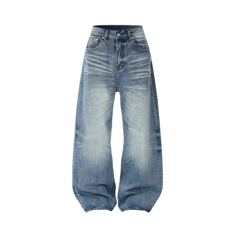 Men's Relaxed Fit Jeans Wide Leg Washed Vintage Blue Baggy Denim