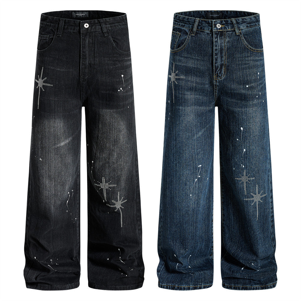 Wide-Leg Jeans Men – Washed Denim, Rhinestone Cross & Paint Splatter Detail