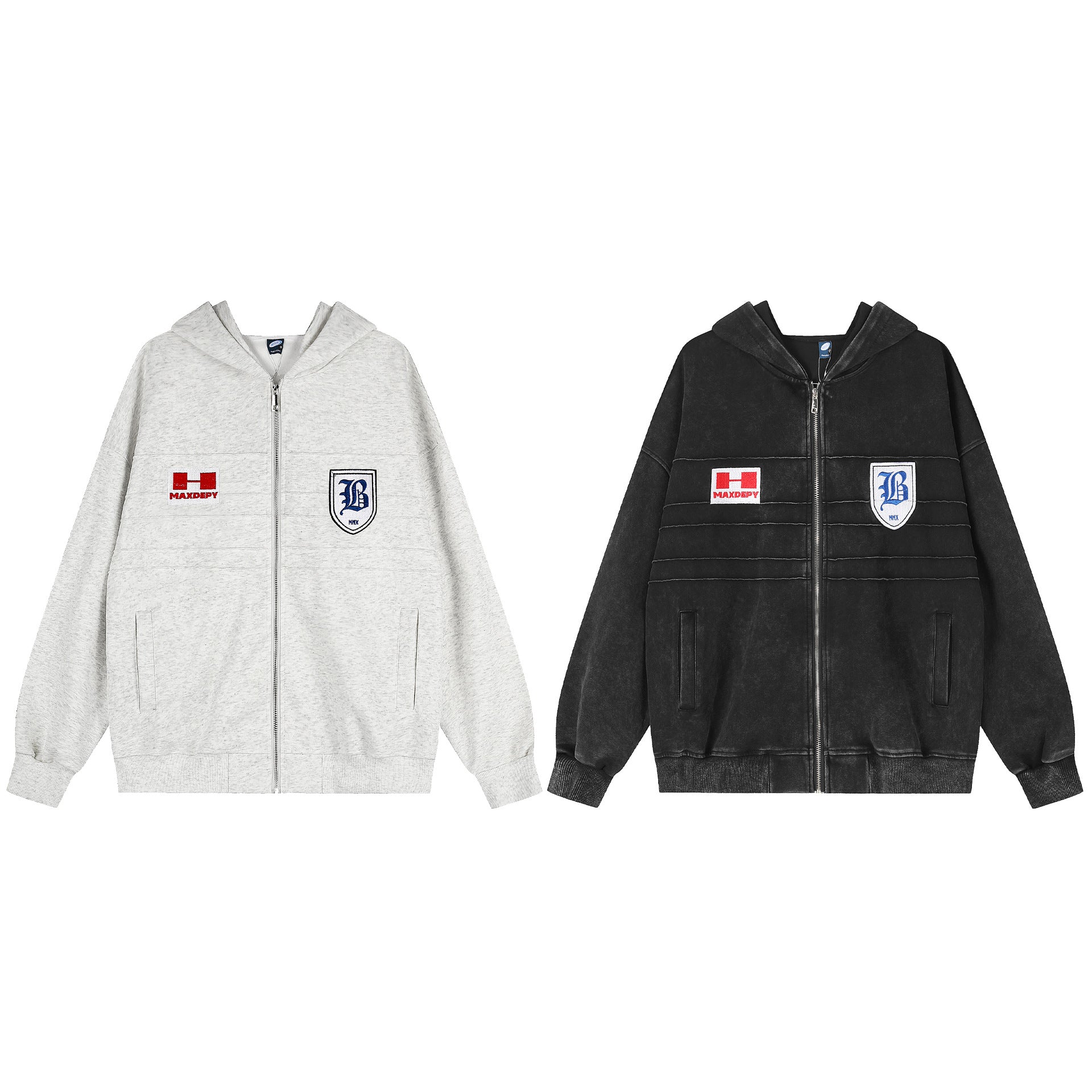 Zip-Hoodie im Vintage-Stil amerikanischer College-Mode mit bestickten Patches