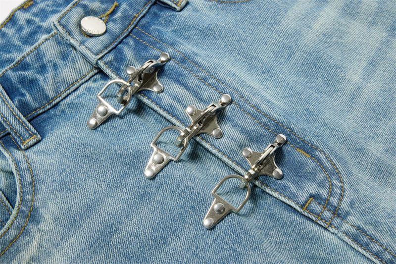 Men's Light Wash Jeans – Floral Embroidery, Metal Clasp Fly & Straight Leg