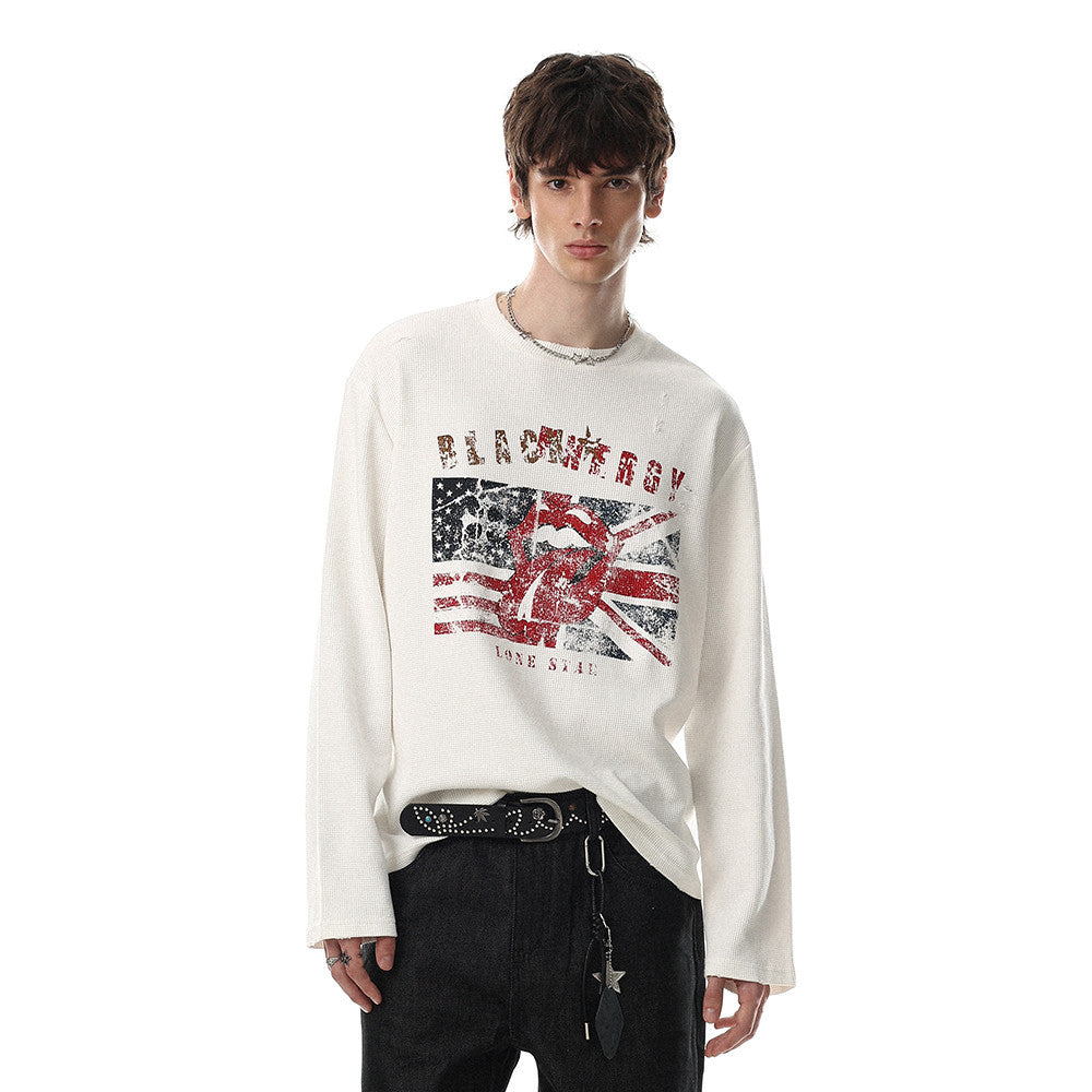 Men's white waffle-knit long sleeve tee with distressed US and UK flag rock graphic print on chest