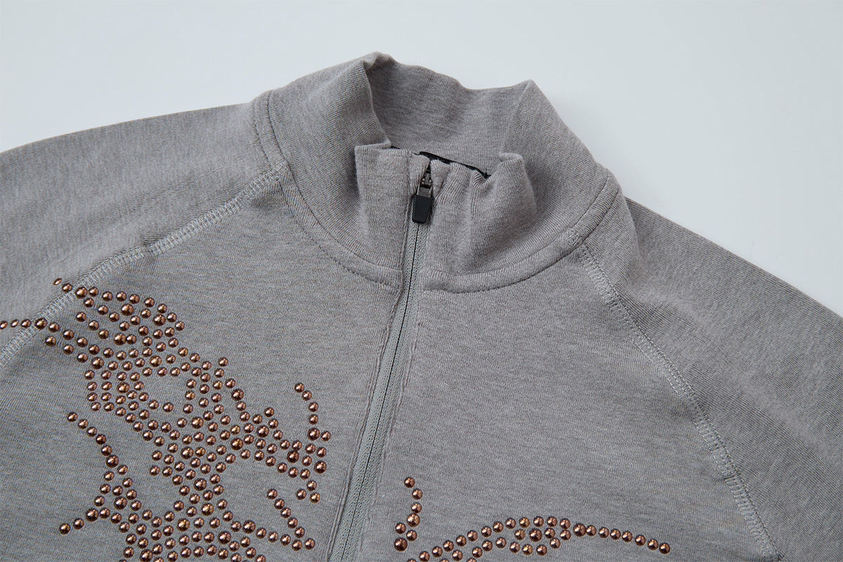 Rhinestone Dragon Mock Neck Quarter-Zip Long Sleeve Shirt