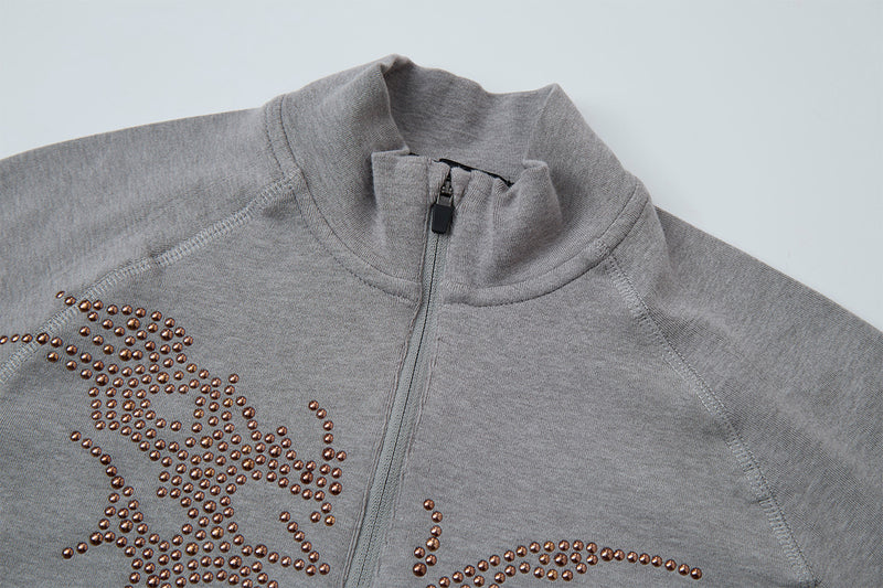 Rhinestone Dragon Mock Neck Quarter-Zip Long Sleeve Shirt