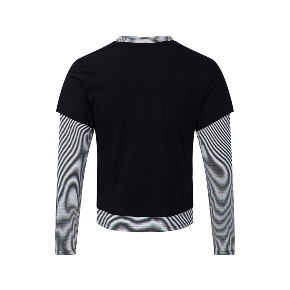 T-shirt graphique gris pour homme – Manches rayées superposées, imprimé tribal et manches longues