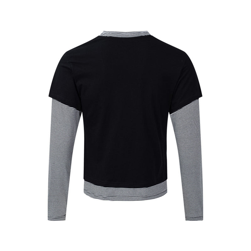 T-shirt graphique gris pour homme – Manches rayées superposées, imprimé tribal et manches longues