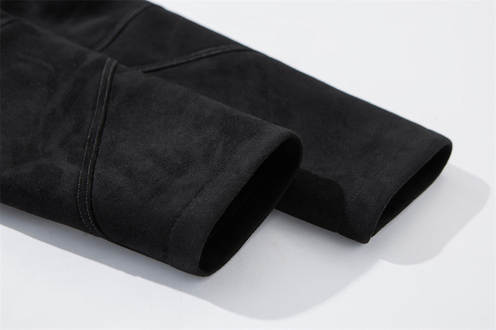 Men's Black Suede-Texture Zip-Up Moto Jacket – Structured Paneling, Stand Collar