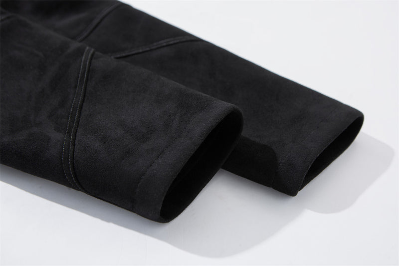 Men's Black Suede-Texture Zip-Up Moto Jacket – Structured Paneling, Stand Collar
