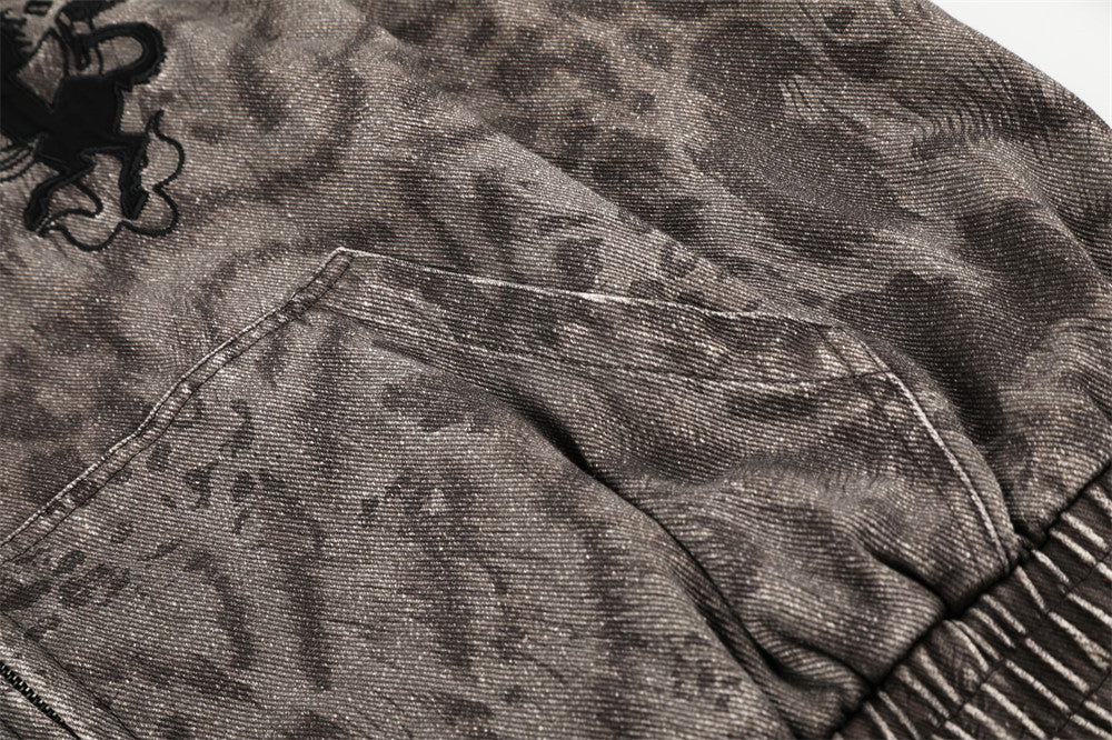 Leopard Tie-Dye Washed Denim Hooded Jacket – Oversized Punk Vintage Zip-Up