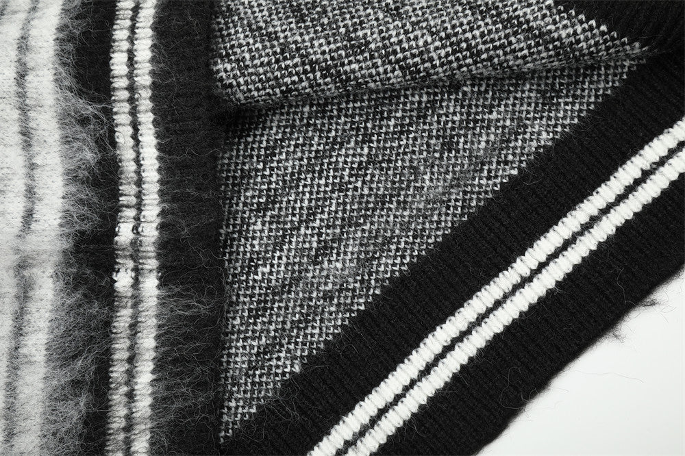 Striped Fur-Trim Zip-Up Knit Hoodie with Star & Circle Print