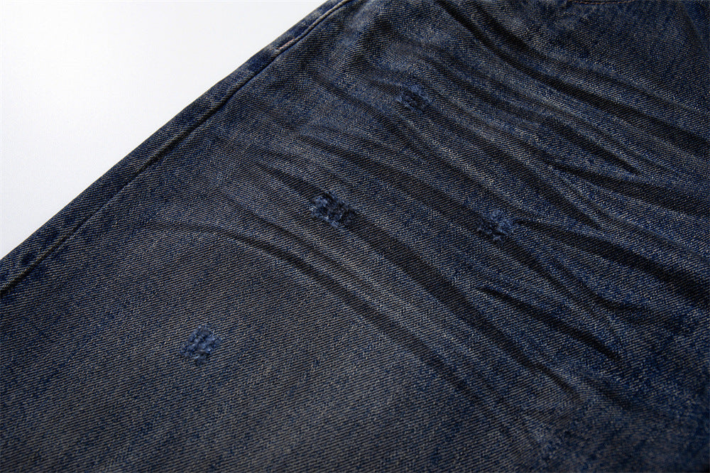 Wide-Leg Ripped Jeans – Vintage Washed Distressed Denim with Studded Patches
