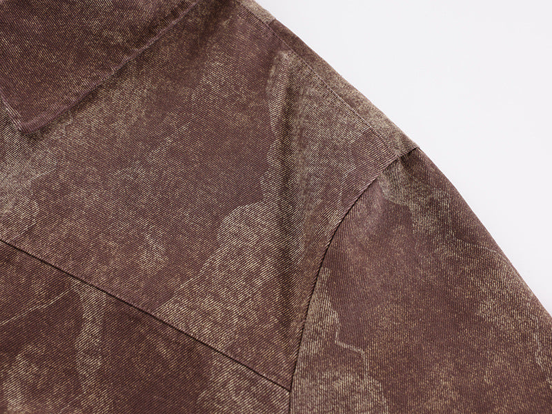 Men's Brown Bomber Jacket Vintage Washed Camo-Pattern Zip-Up Outerwear