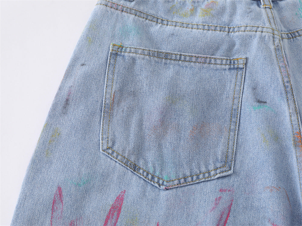 Hand-Painted Graffiti Denim Shorts – Wide-Leg Washed Jean Shorts