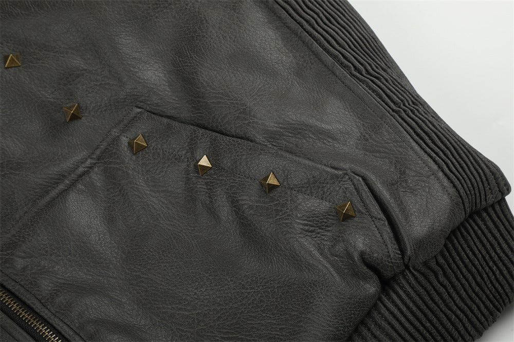 Punk Fur-Collar Studded PU Leather Hooded Bomber Jacket