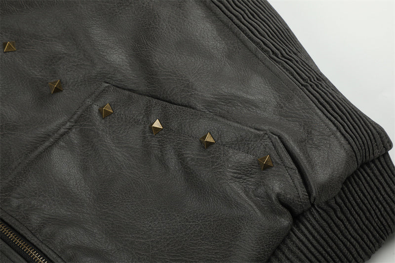 Punk Fur-Collar Studded PU Leather Hooded Bomber Jacket