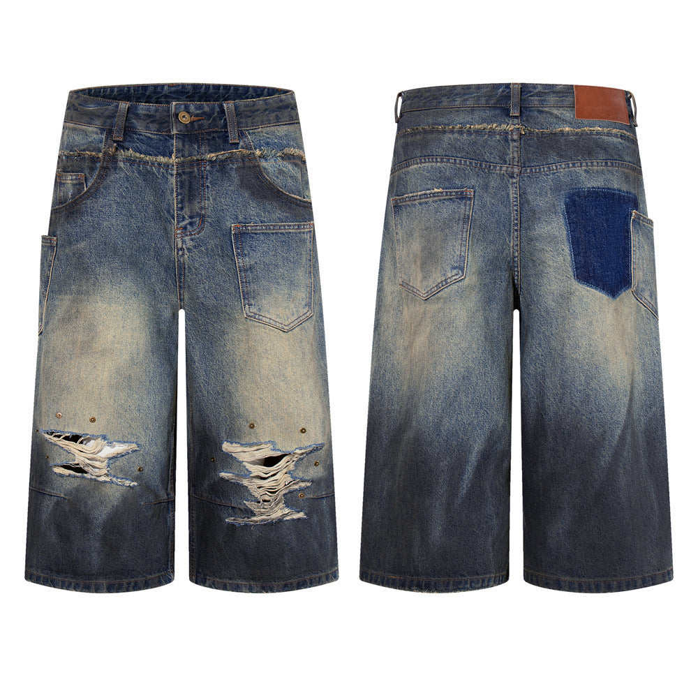 Ripped Wide-Leg Denim Shorts – Distressed Cargo Pocket Washed Jorts