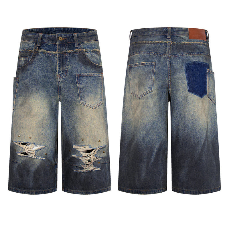 Ripped Wide-Leg Denim Shorts – Distressed Cargo Pocket Washed Jorts
