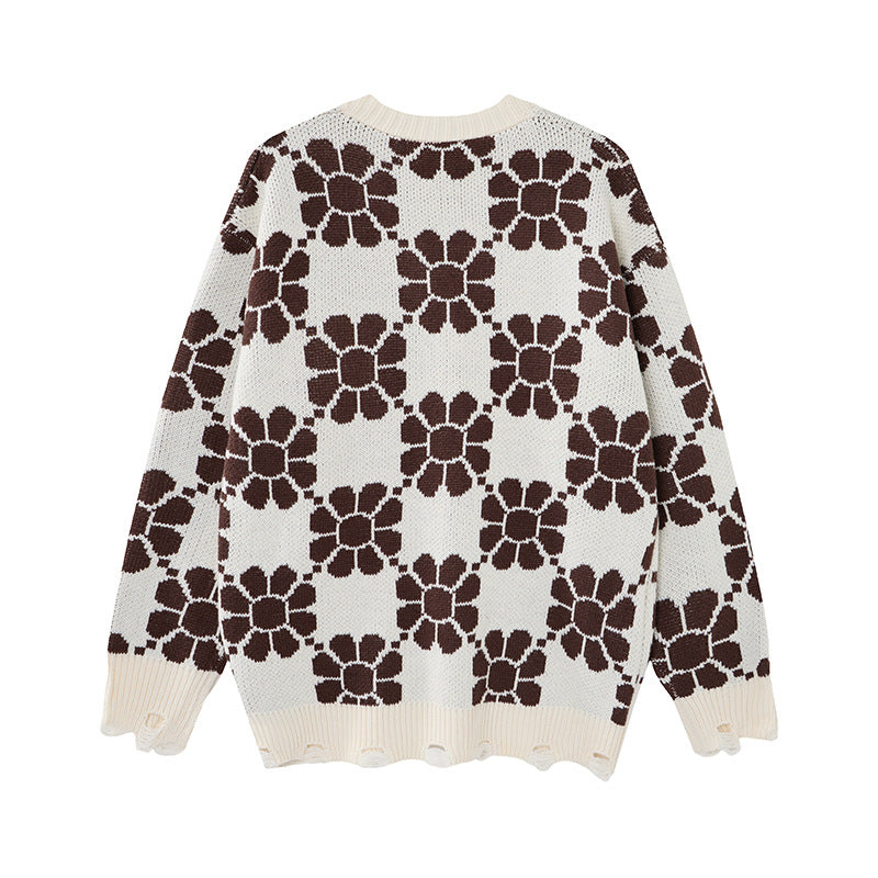 Cardigan-pull en maille à carreaux fleuris et col V – Bas oversize effiloché