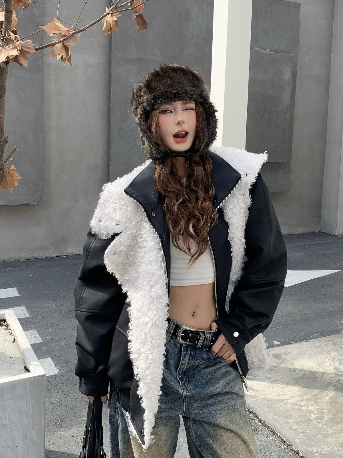 Veste en simili cuir et fourrure, bomber oversize à col sherpa