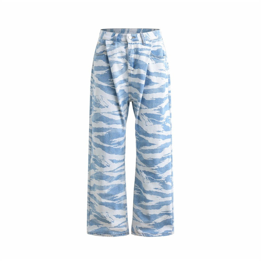 Flat front view of light blue zebra camo print wide-leg denim pants