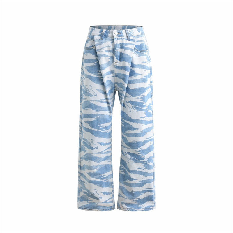 Flat front view of light blue zebra camo print wide-leg denim pants