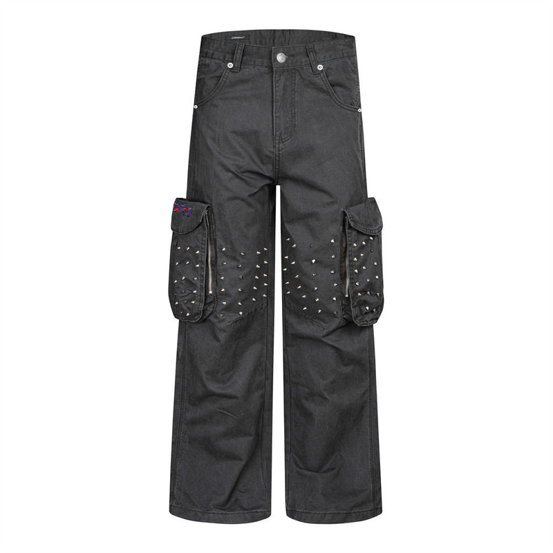 Wide-Leg Cargo Pants with Studded Multi-Pocket Detail in Dark Grey