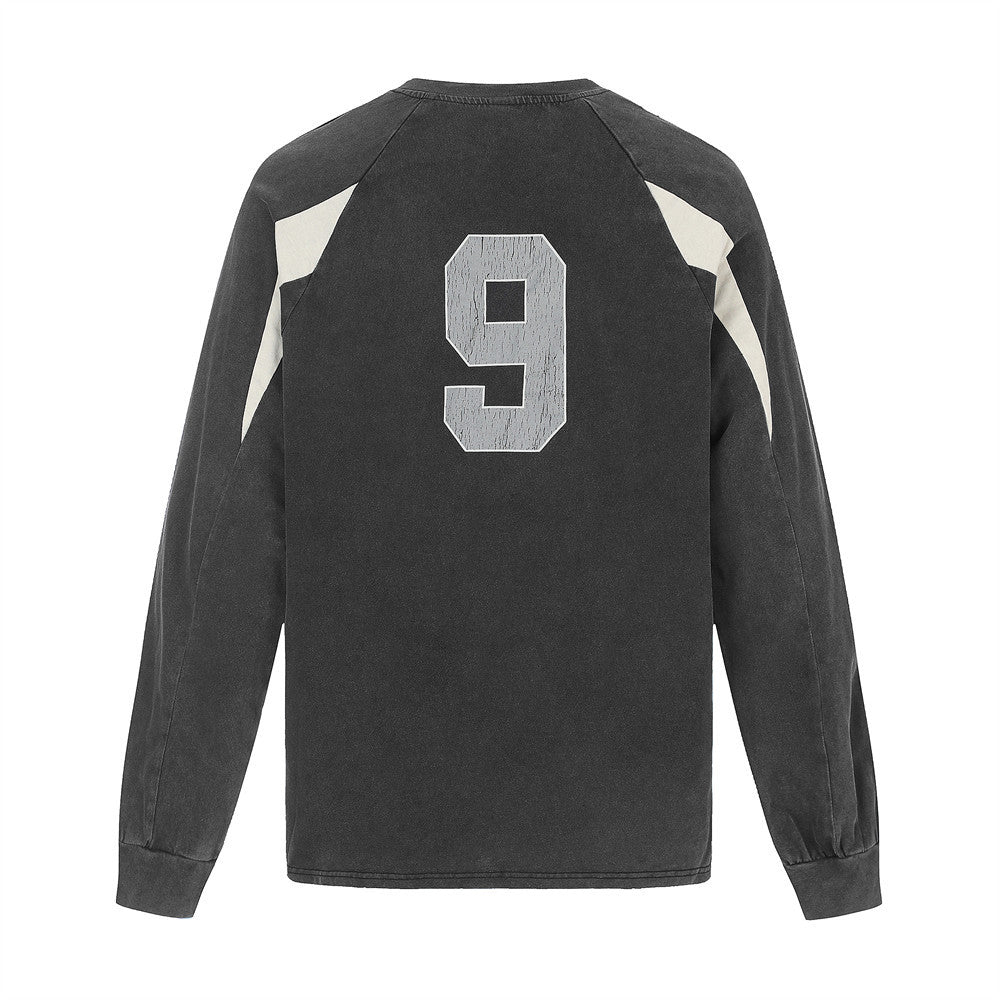 Men's Vintage Soccer Jersey Long-Sleeve Shirt – Number 9 Graphic, Washed Black