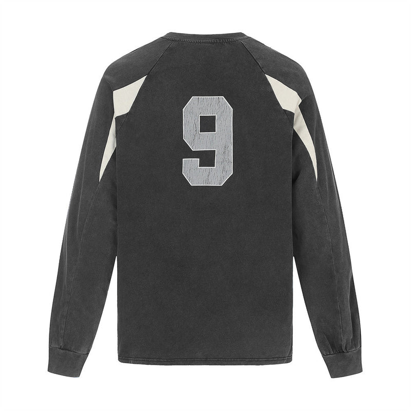 Men's Vintage Soccer Jersey Long-Sleeve Shirt – Number 9 Graphic, Washed Black