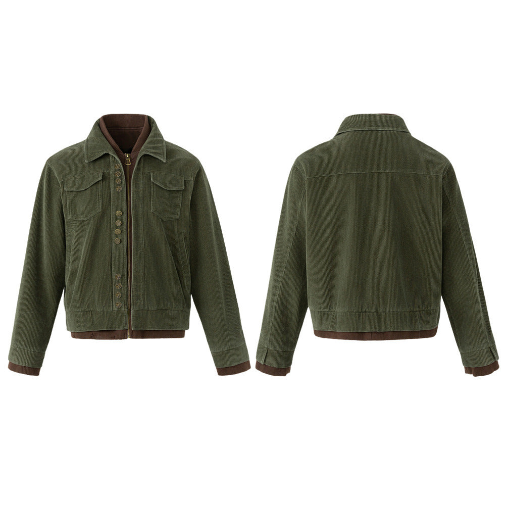 Men's Army Green Corduroy Jacket with Metal Buttons & Layered Hem Detail
