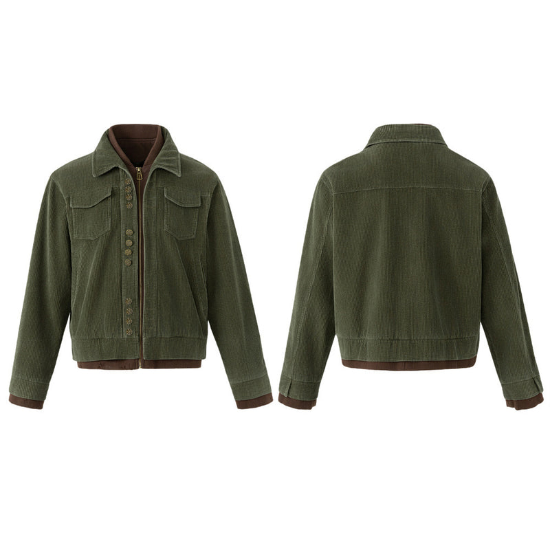 Men's Army Green Corduroy Jacket with Metal Buttons & Layered Hem Detail
