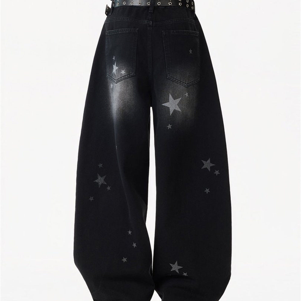 Star Print Wide-Leg Jeans – Men's Baggy Black Denim with Heart Charm