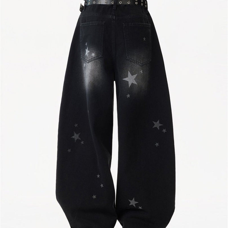 Star Print Wide-Leg Jeans – Men's Baggy Black Denim with Heart Charm