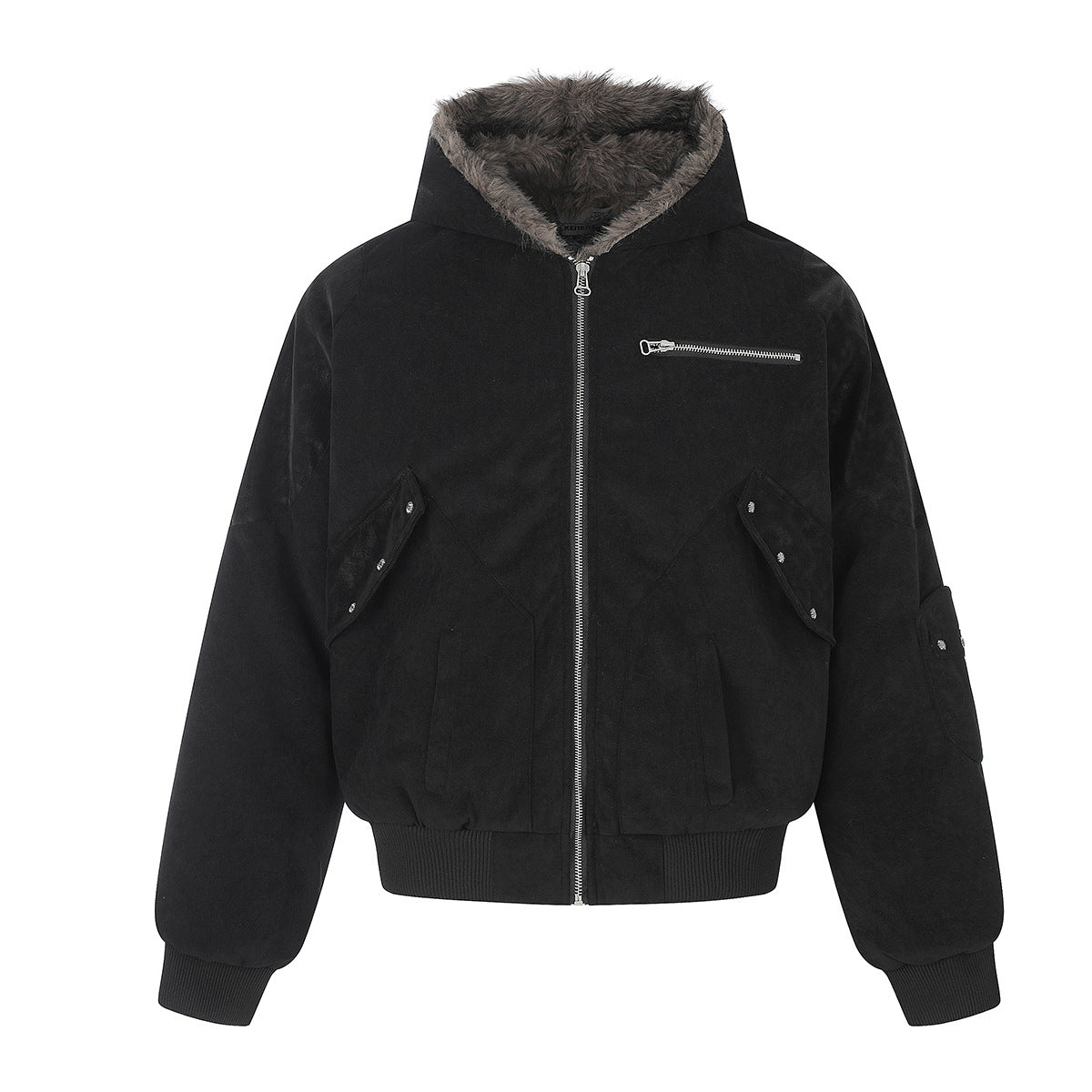Fur-Trim Hooded Bomber Jacket – Padded Black Flight Jacket with Faux Fur Hood