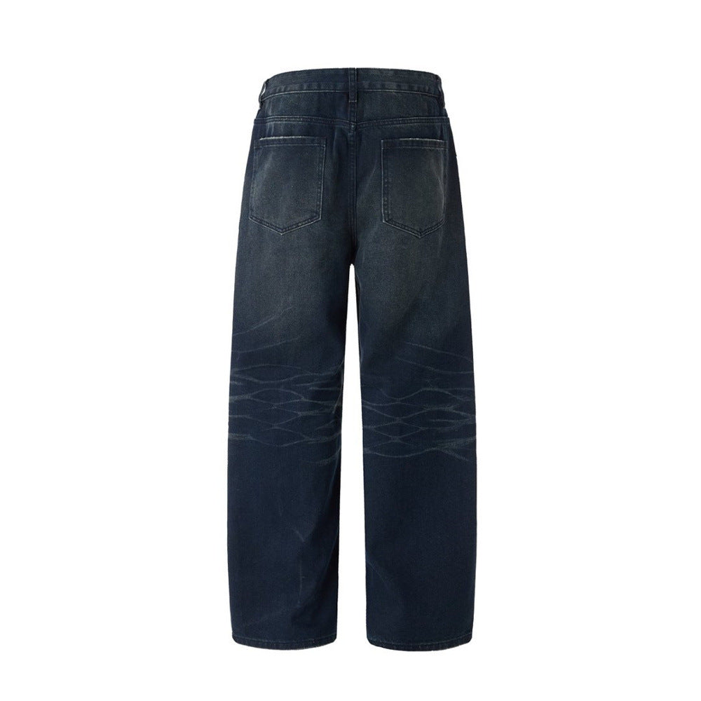 Men's Dark Wash Ripped Wide-Leg Jeans – Distressed Streetwear Denim