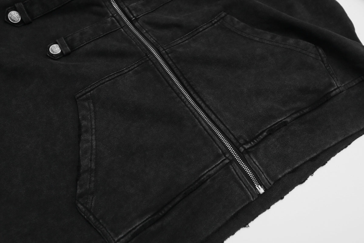 Military Napoleon Zip-Up Hoodie – Washed Vintage Fleece Cardigan