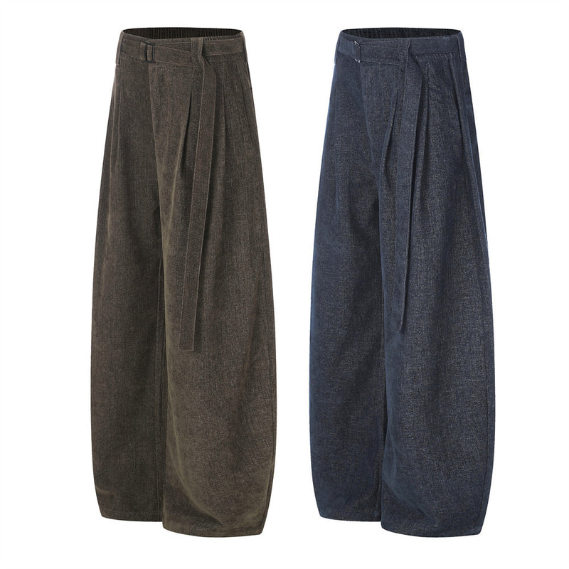Men's Wide-Leg Pleated Trousers – Barrel Fit Corduroy-Texture Pants