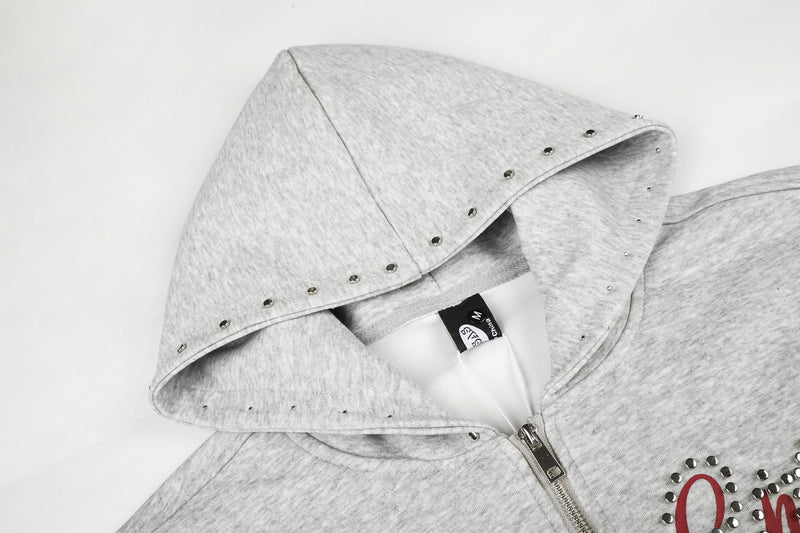 Zip-Up Hoodie Vintage Washed Rhinestone Rivet Graphic Oversized Cardigan