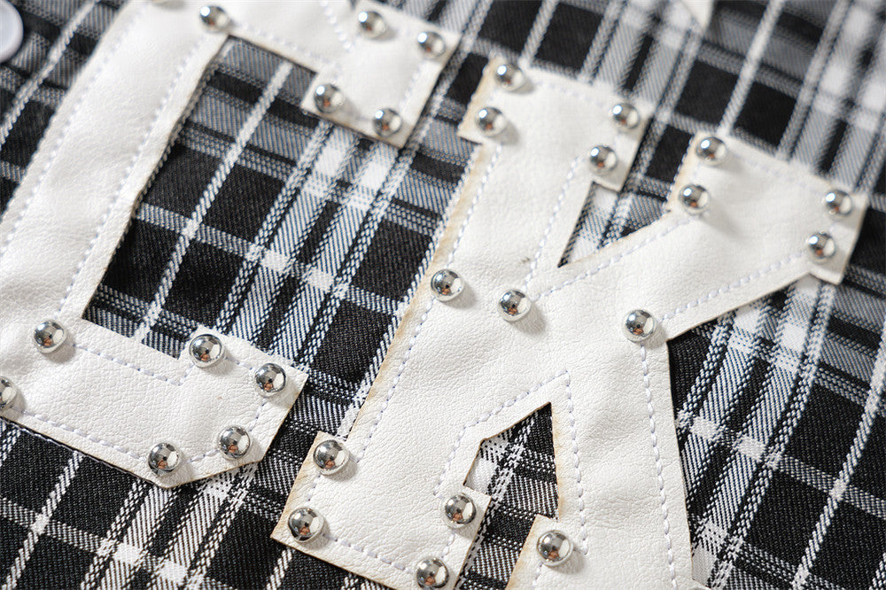 Men's Plaid Long Sleeve Shirt with LUCK Star Letter Patch