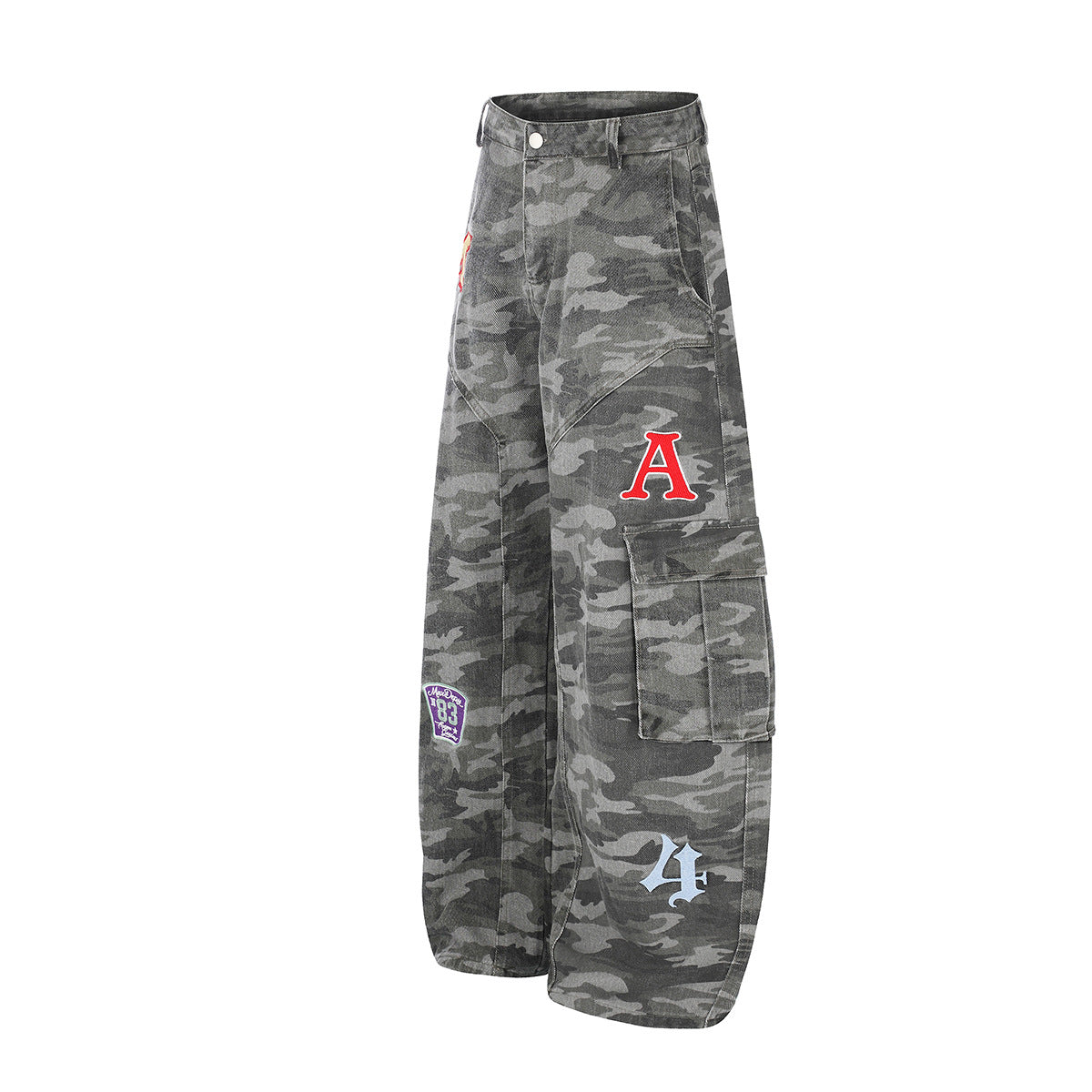 Camo Wide-Leg Cargo Denim Pants with Varsity Patches