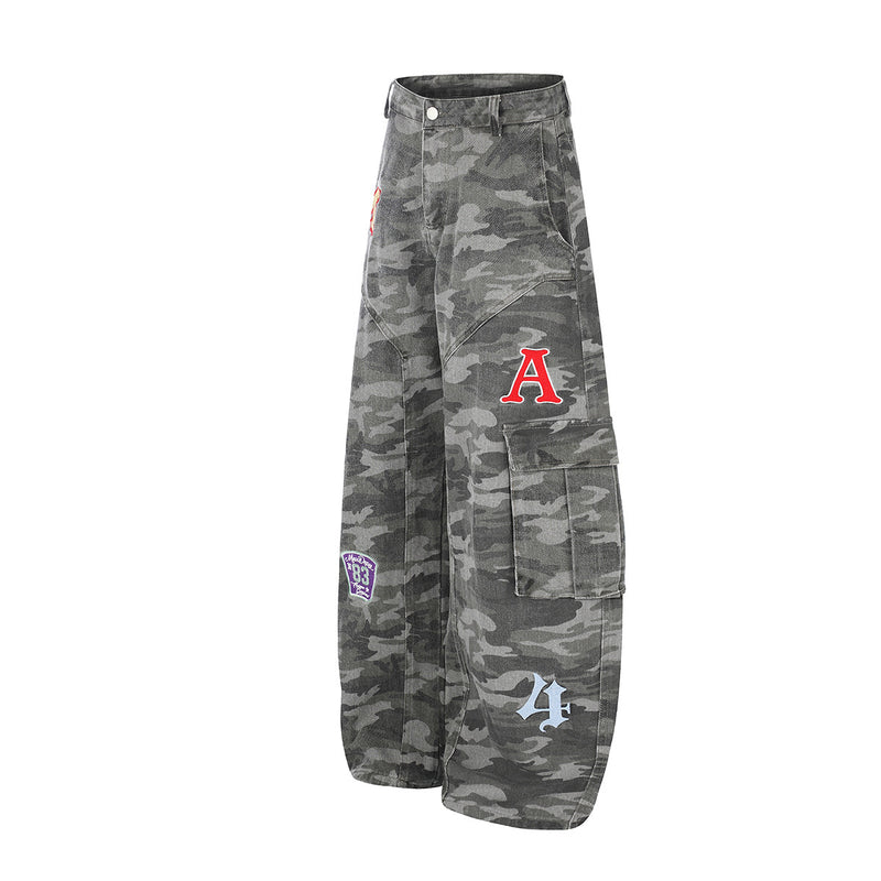 Camo Wide-Leg Cargo Denim Pants with Varsity Patches