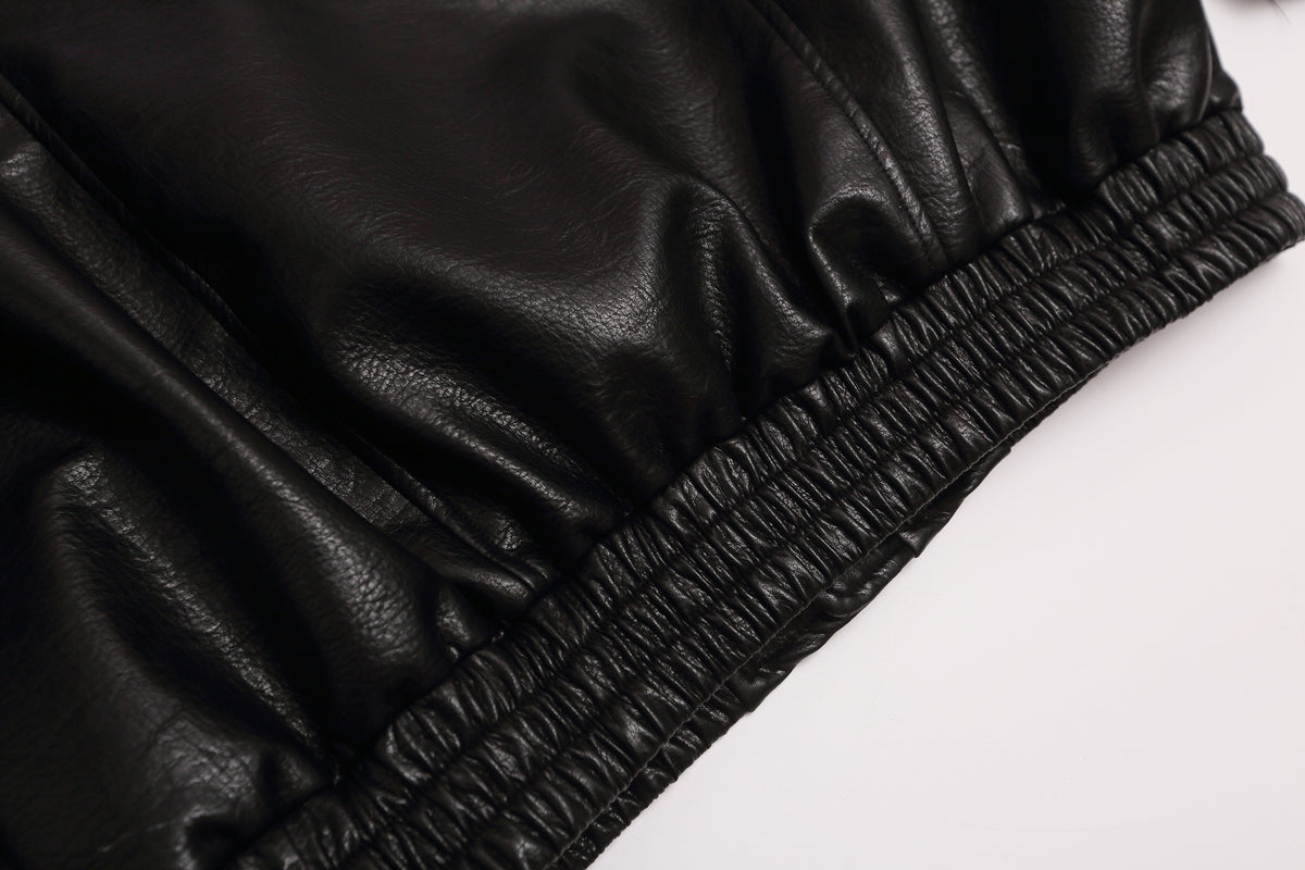 Black PU Leather Moto Jacket – Zip-Up Bomber with Stand Collar & Silver Hardware