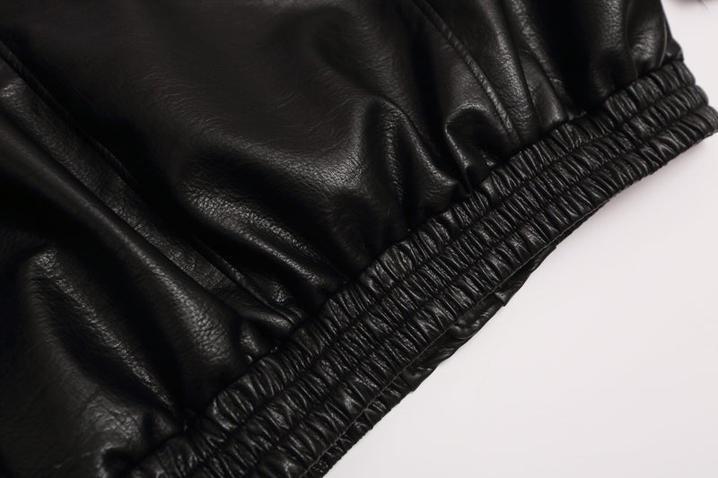 Black PU Leather Moto Jacket – Zip-Up Bomber with Stand Collar & Silver Hardware