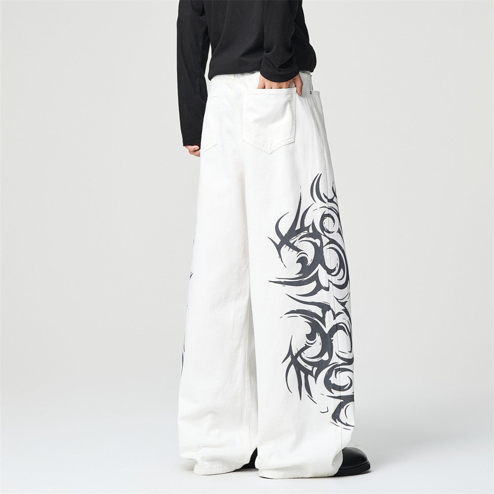 Tribal Print Wide-Leg Jeans – Men's Streetwear Straight Baggy Pants