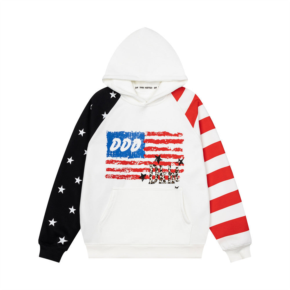 Colorblock Flag Print Pullover Hoodie – Star & Stripe Raglan Sleeves