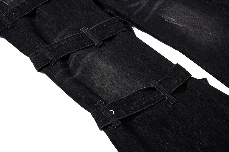 Gothic Buckle Strap Flare Jeans – Men's Washed Black Distressed Denim