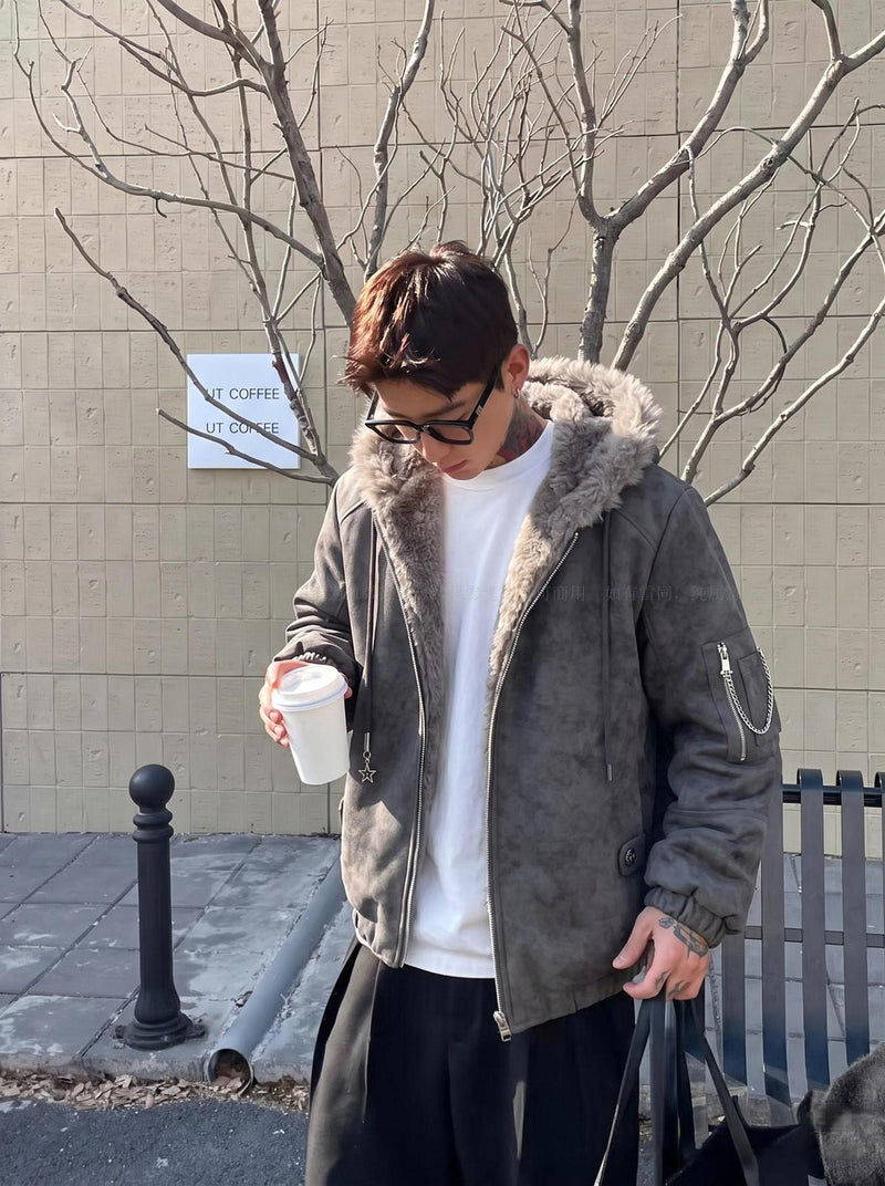 Veste bomber à capuche – Similicuir effet usé, col en fausse fourrure et garnissage matelassé