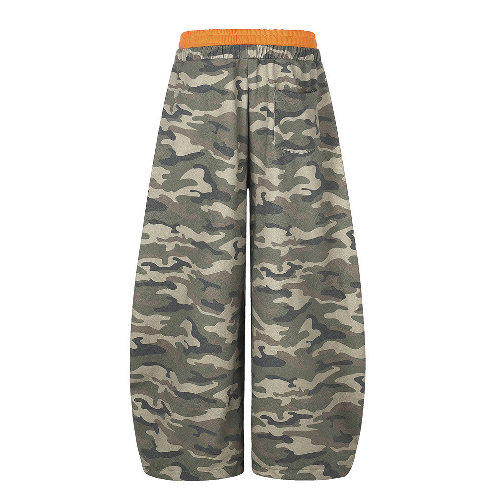 Camo Wide-Leg Sweatpants with Colorblock Orange Waistband and Patches